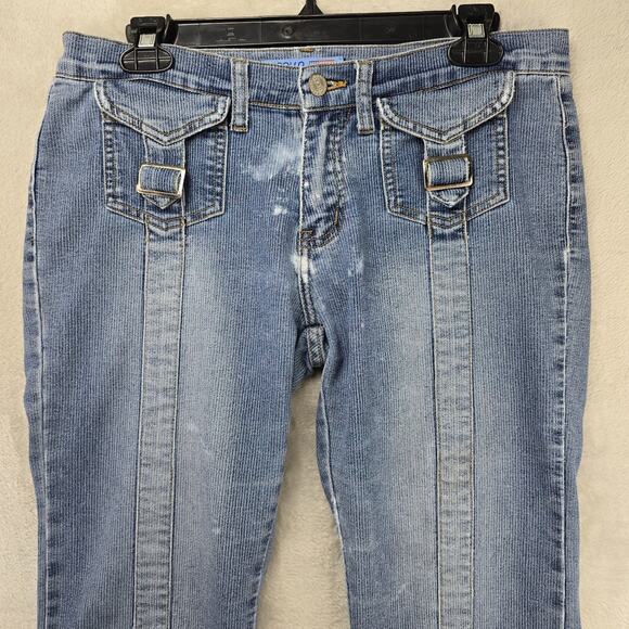 Vintage Apollo Jeans 5/6 Pinstripe Buckle Pockets Blue Mid Rise Y2K Distressed - Picture 2 of 16